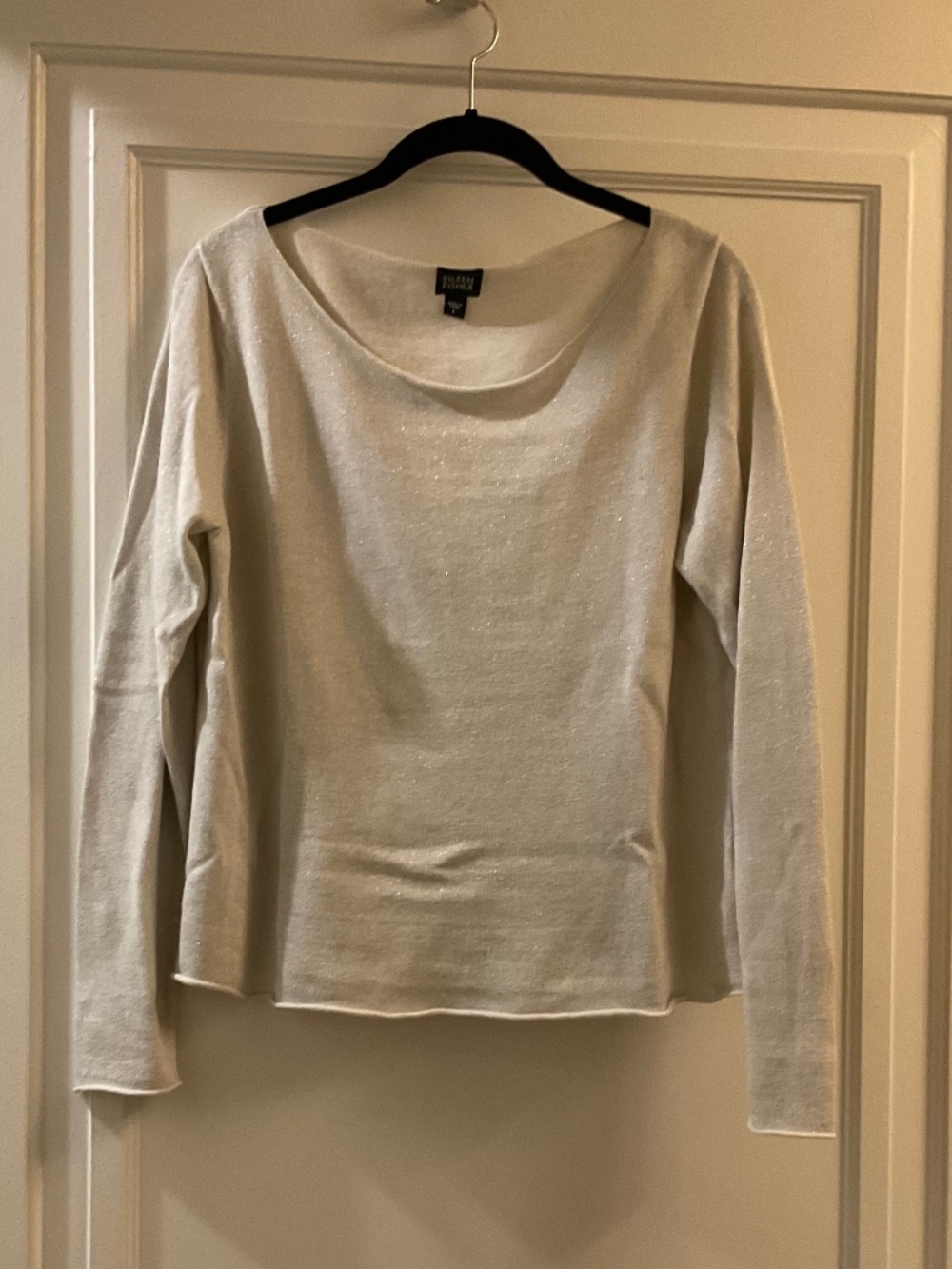 Eileen Fisher boat neck linen, blend cream, and silver sweat sweater sz L